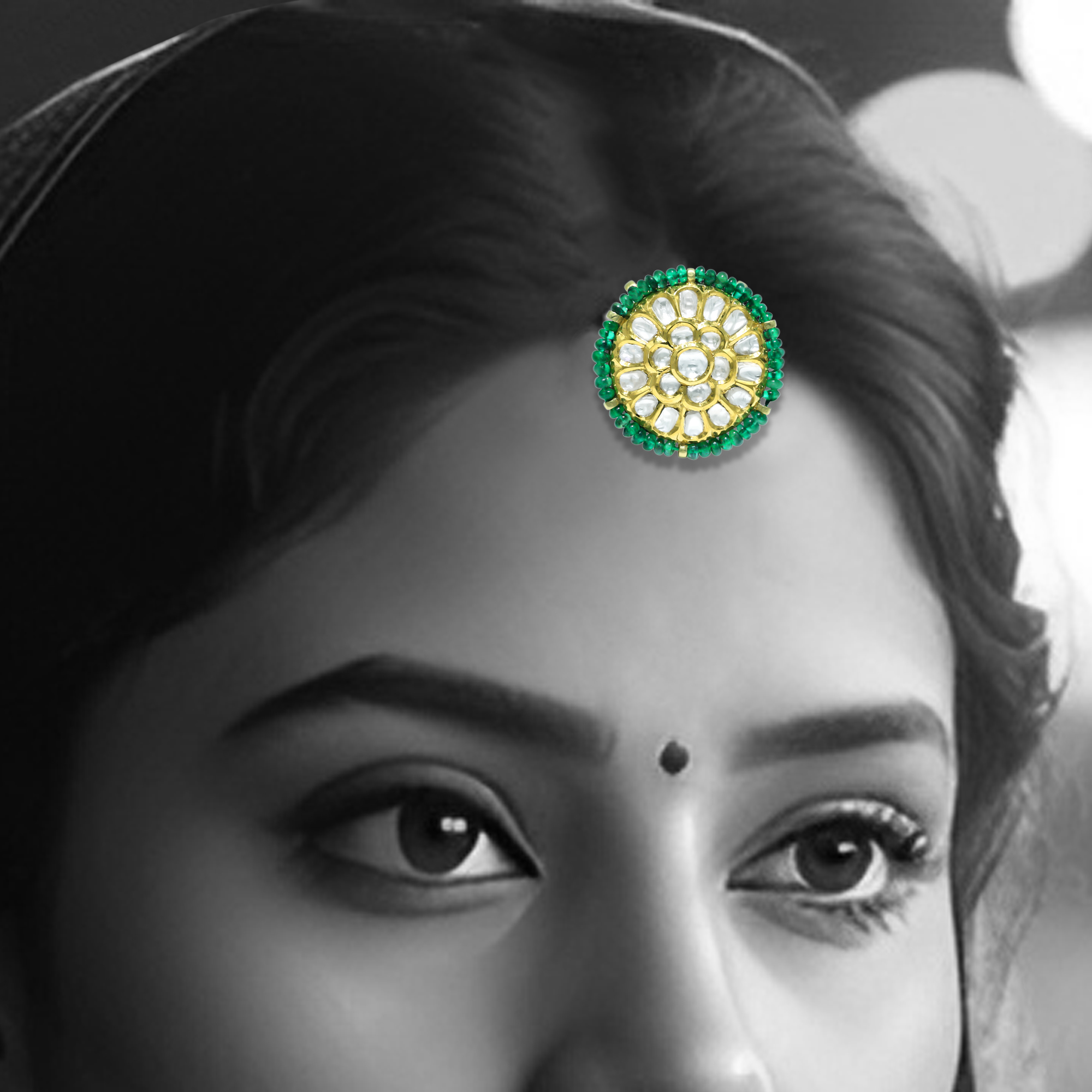 Gold Polki Borla with Emerald Bead Halo and Cluster Design